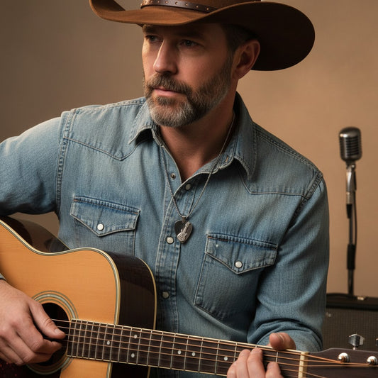 A man in a cowboy hat playing an acoustic guitar and wearing a guitar pick necklace from The Gift Clue
