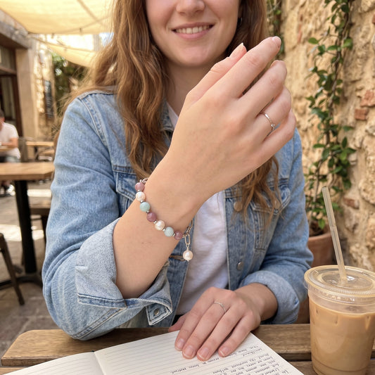 Pearl, Rose Quartz & Amazonite Bracelet – Adjustable Gemstone Chain Bracelet