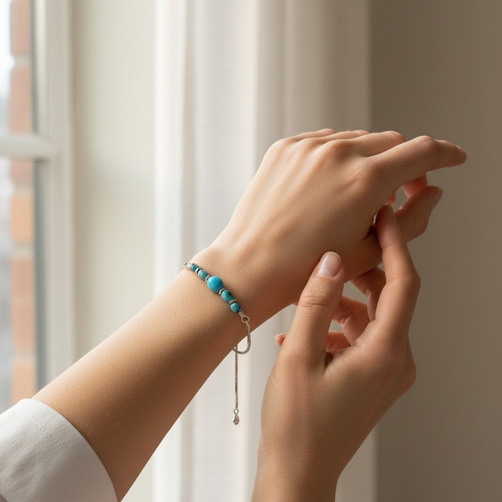 Handmade Sleeping Beauty turquoise bracelet with silver hematite accents and an adjustable sliding chain clasp, photographed in natural light.
