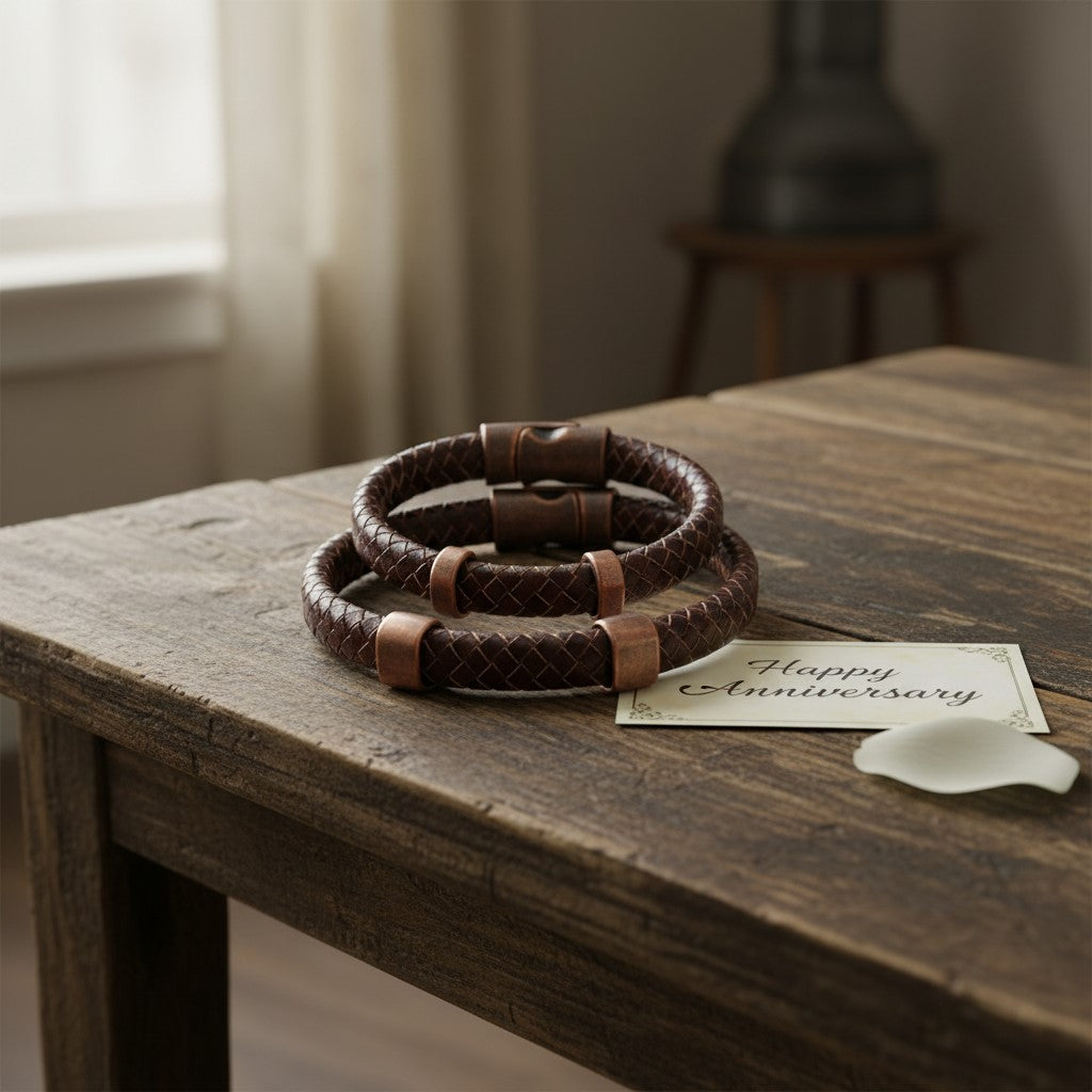 Two handmade braided leather bracelets with metal clasps displayed on a wooden table beside a “Happy Anniversary” card, styled as a couple’s gift.v