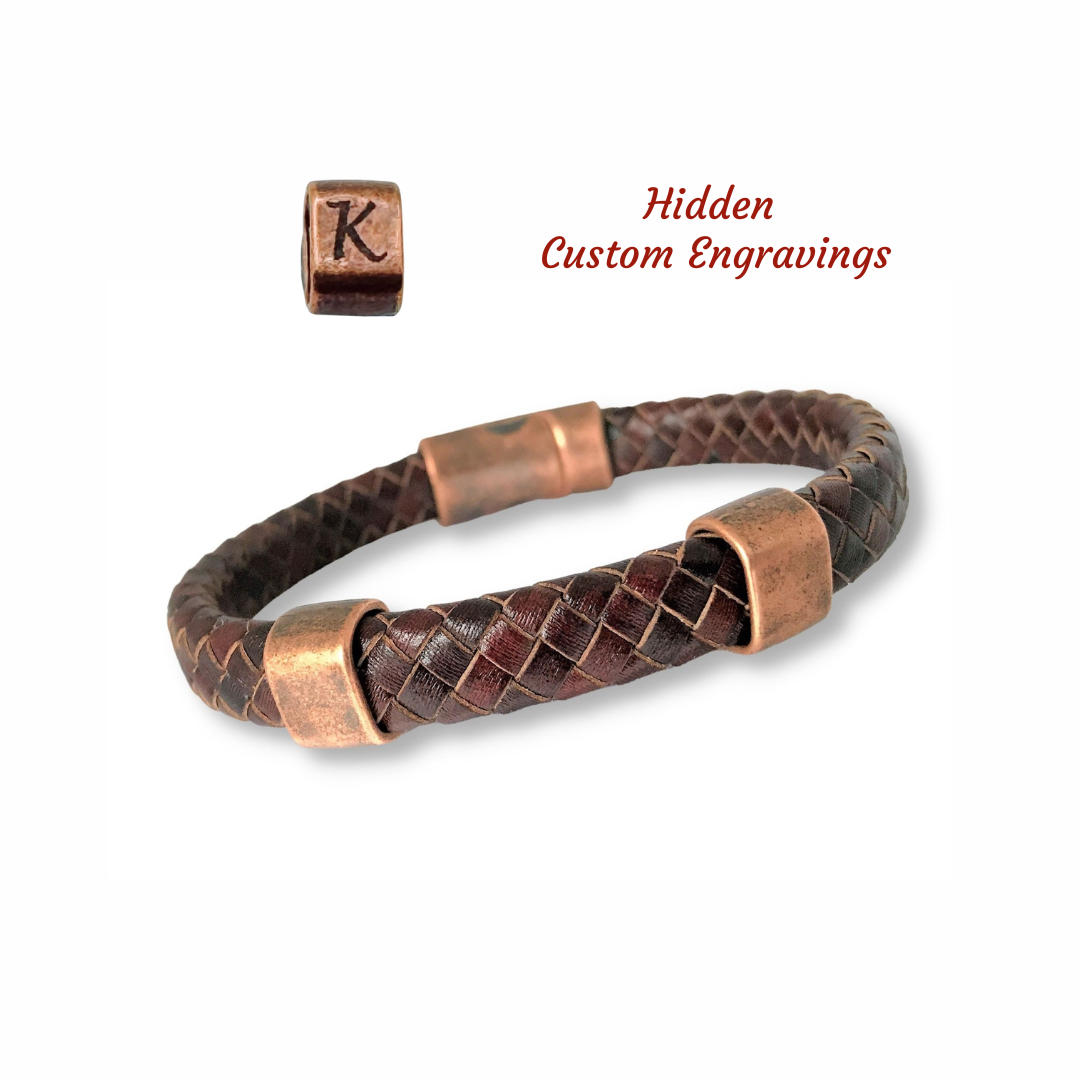 Braided Leather Bracelet with Antique Copper & Magnetic Clasp – Personalized Hidden Engravings, Custom Leather Anniversary Gift