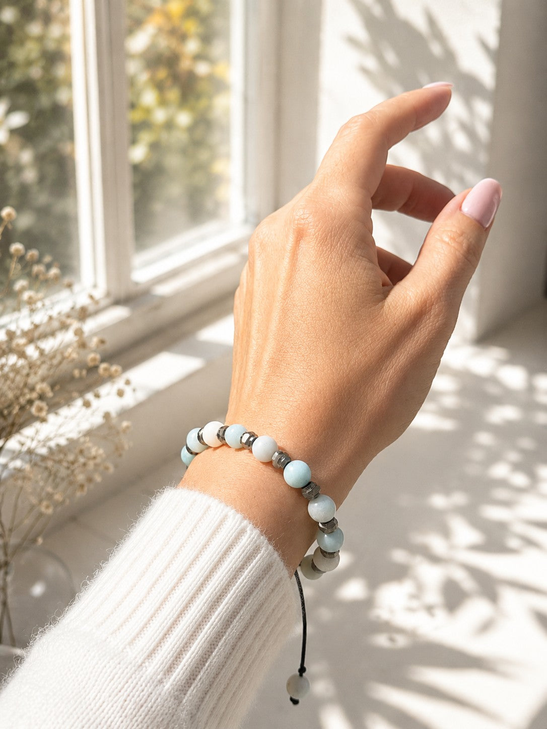 Adjustable waterproof Amazonite bracelet with natural Amazonite gemstones, sparkling Labradorite beads, and grounding Hematite accents on a durable black adjustable cord. Handmade crystal bracelet for women, minimalist boho jewelry, everyday bracelet, healing gemstone gift, birthday present, Mother's Day gift, anniversary gift, friendship bracelet, and beach jewelry.