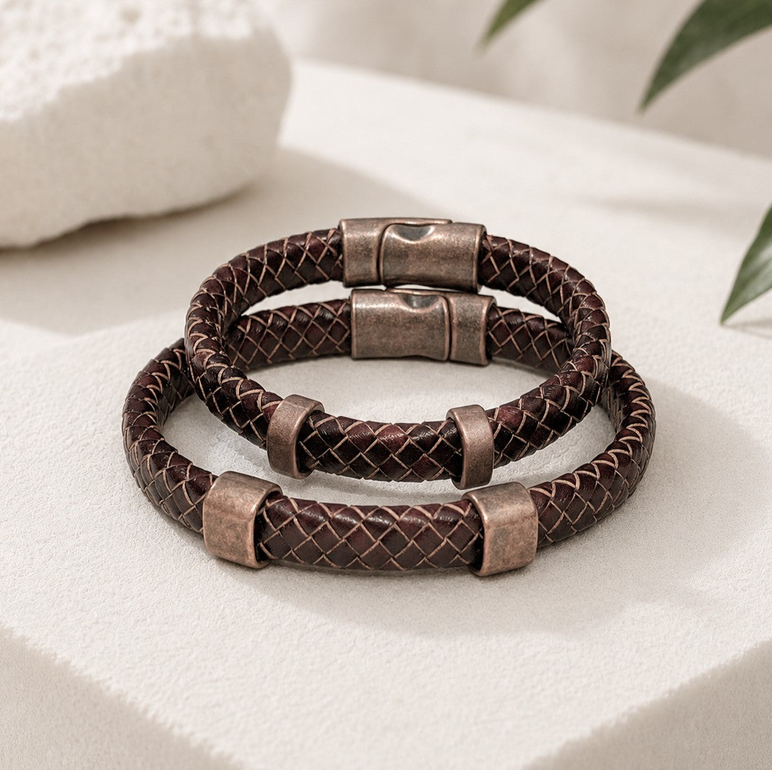 Couple Braided Leather Bracelet Set with Antique Copper, Personalized Hidden Engravings, Matching Magnetic Clasp Bracelets