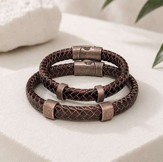Couple Braided Leather Bracelet Set with Antique Copper, Personalized Hidden Engravings, Matching Magnetic Clasp Bracelets