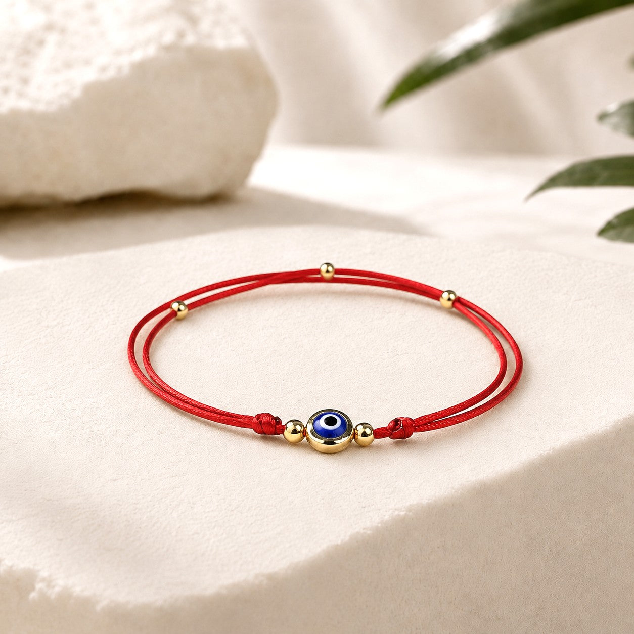 Personalized red string anklet with gold-tone beads and a blue evil eye charm, adjustable waterproof ankle bracelet, minimalist protection jewelry, custom initial anklet, everyday summer accessory.