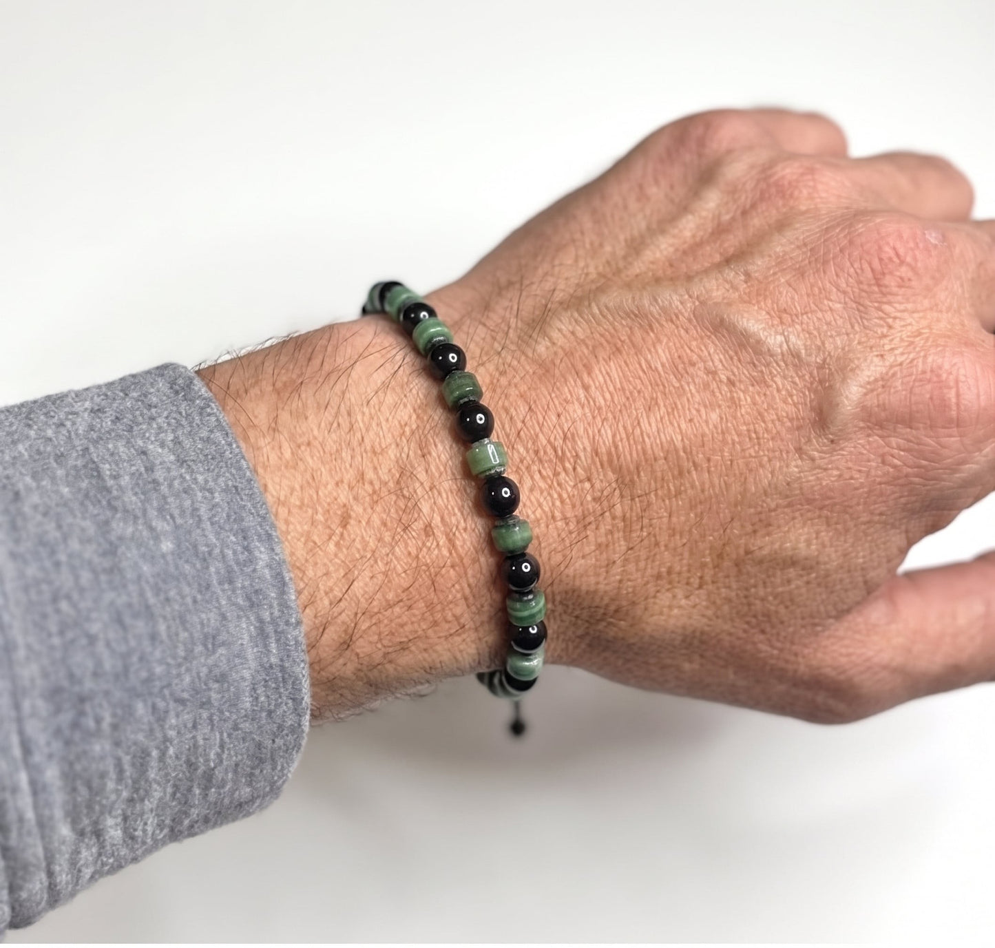 Green Jade & Black Onyx Bracelet, Adjustable and Waterproof Gemstone Bracelet with Initial