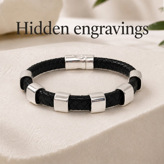 Hidden engravings braided leather bracelet with silver sliders and magnetic clasp, personalized bracelet with concealed custom engraving, black woven leather cuff for men, minimalist engraved jewelry gift.