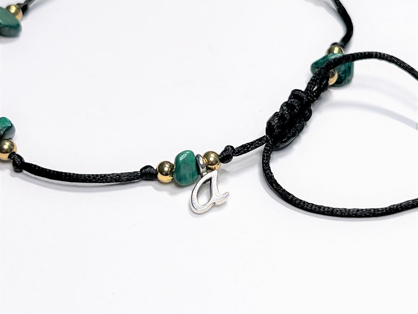 Natural Malachite Anklet, Personalized Initial Anklet for Women, Waterproof Adjustable Gemstone Anklet, Gold Filled Beads Gift