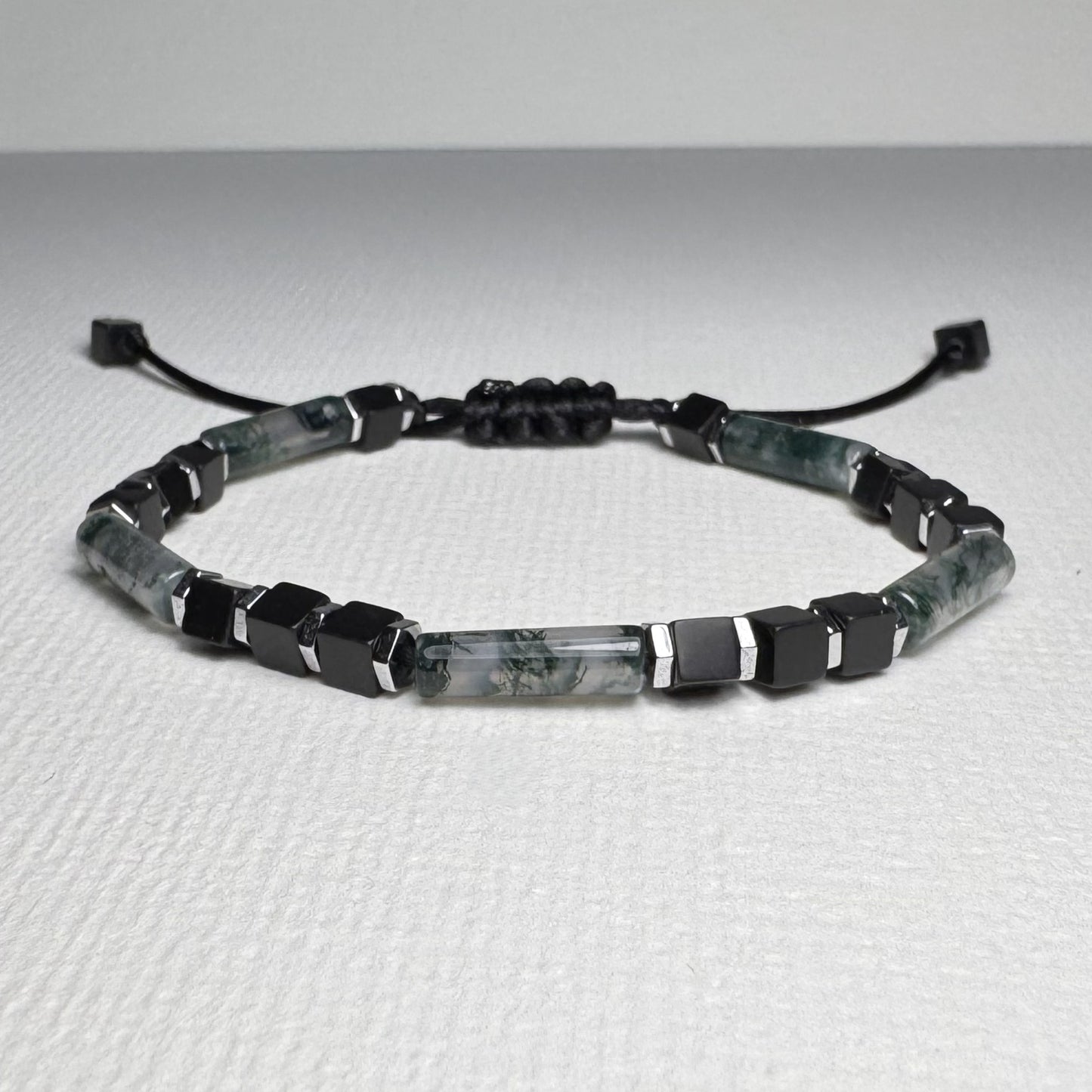 Moss Agate & Black Onyx Bracelet: Adjustable Gemstone Beaded Bracelet, Initial Charm Option, Gift for Him and Her