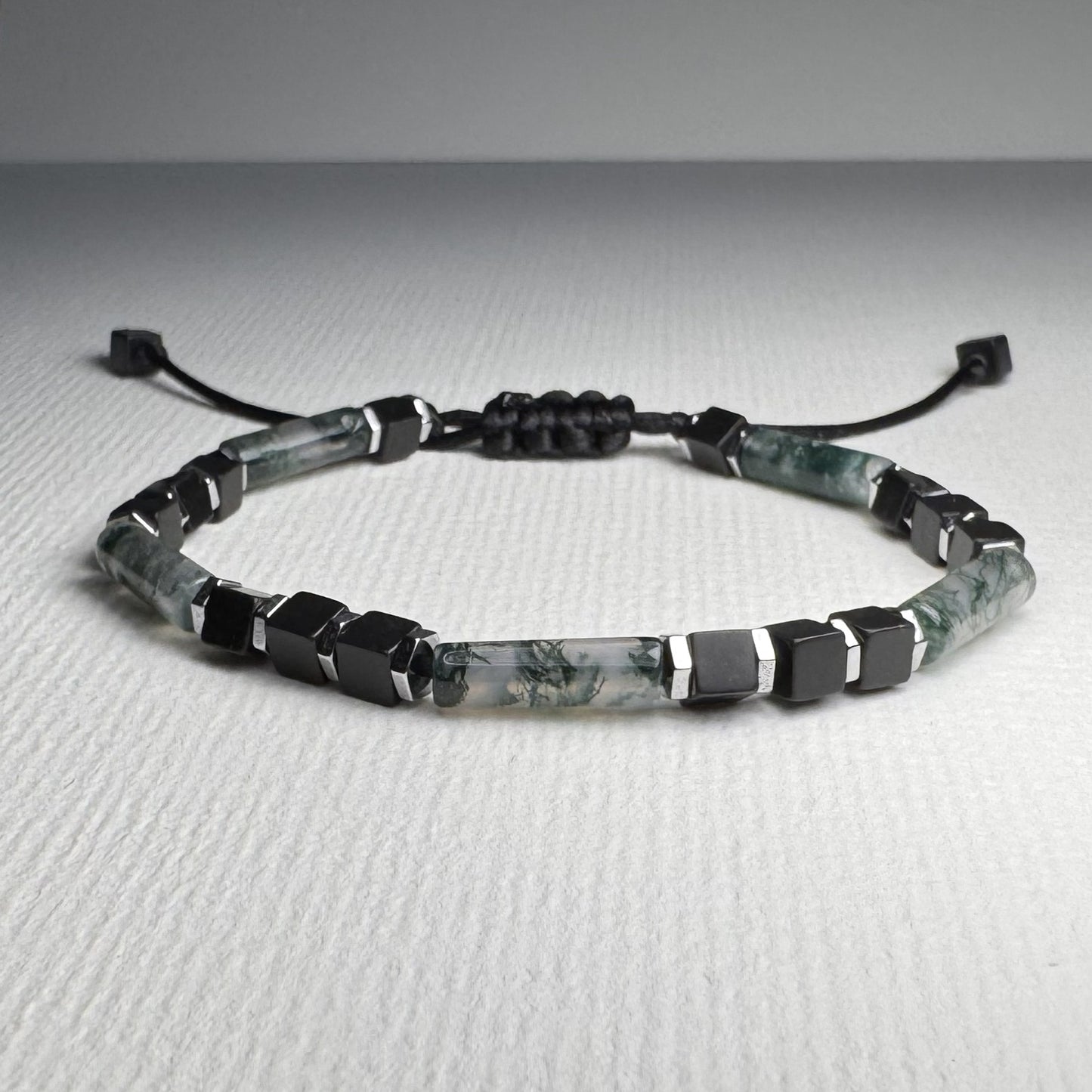 Moss Agate & Black Onyx Bracelet: Adjustable Gemstone Beaded Bracelet, Initial Charm Option, Gift for Him and Her