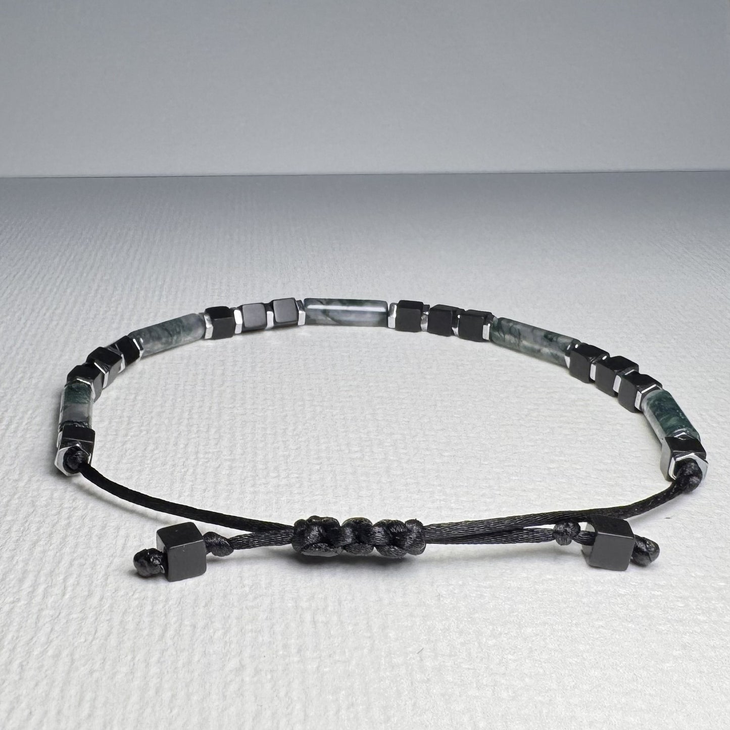 Moss Agate & Black Onyx Bracelet: Adjustable Gemstone Beaded Bracelet, Initial Charm Option, Gift for Him and Her