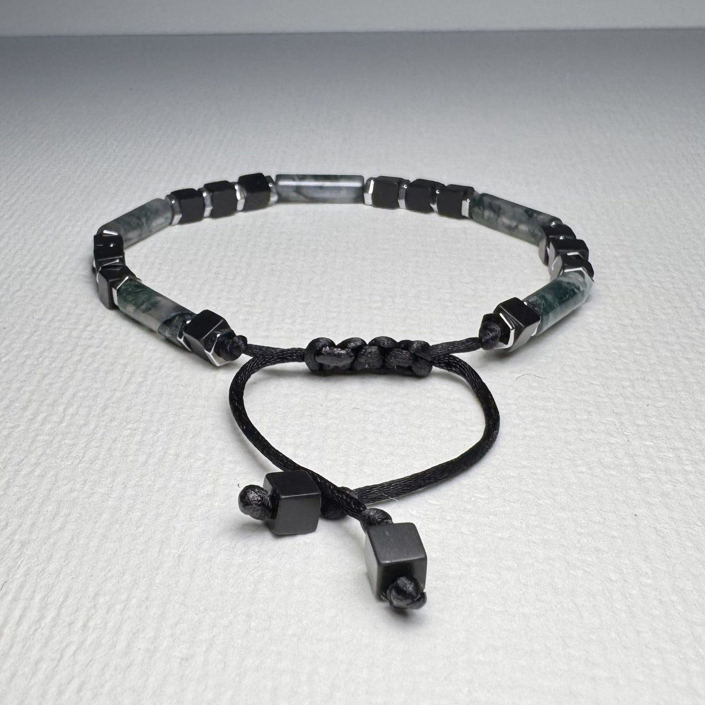 Moss Agate & Black Onyx Bracelet: Adjustable Gemstone Beaded Bracelet, Initial Charm Option, Gift for Him and Her