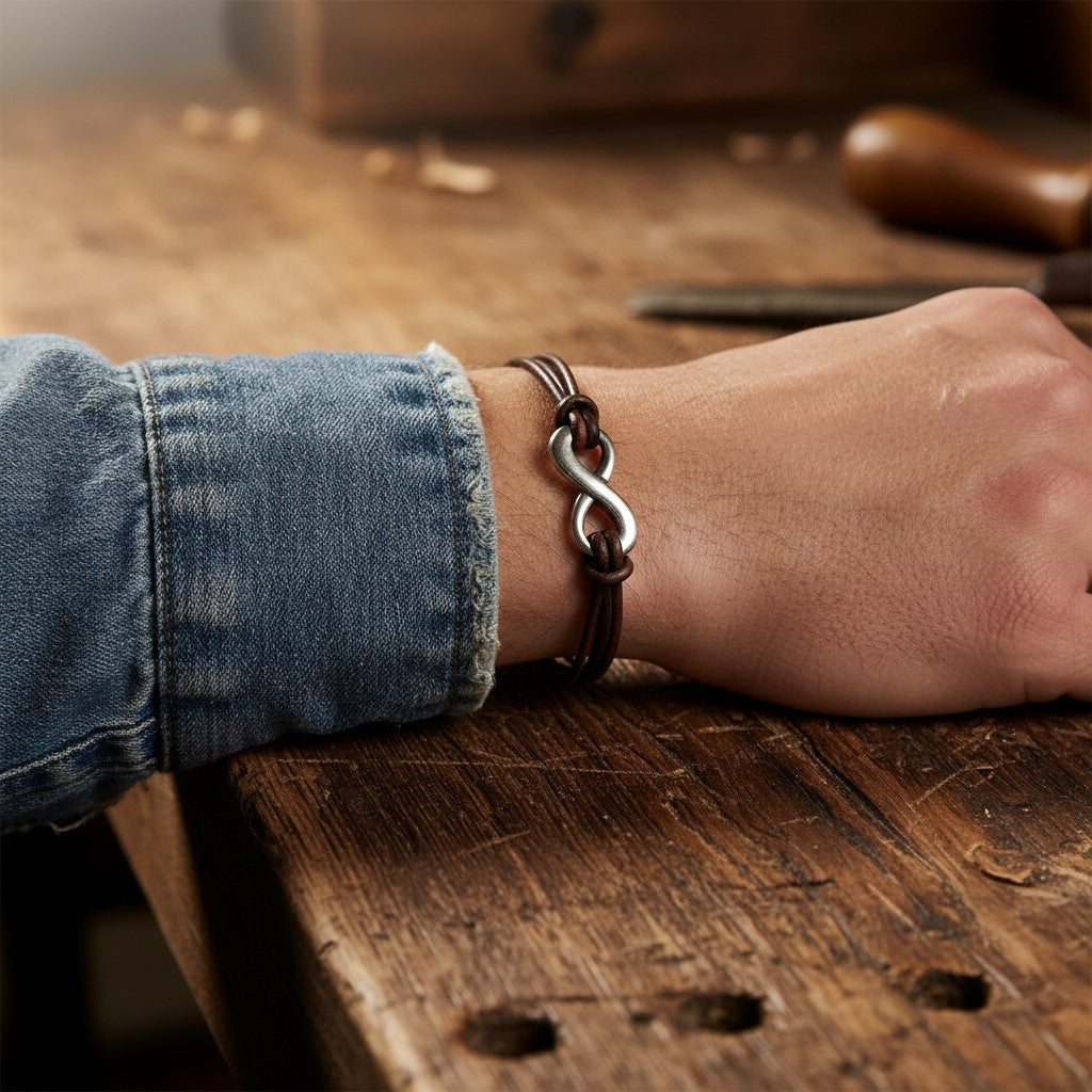 A person wearing an infinity  and distressed leather bracelet with a unique design 