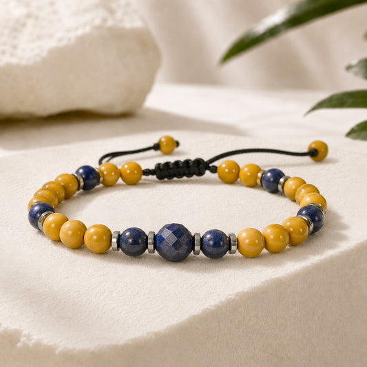 Lapis Lazuli and Mookaite Jasper bracelet with natural gemstone beads, hematite accents, adjustable waterproof cord, and handcrafted boho design.
