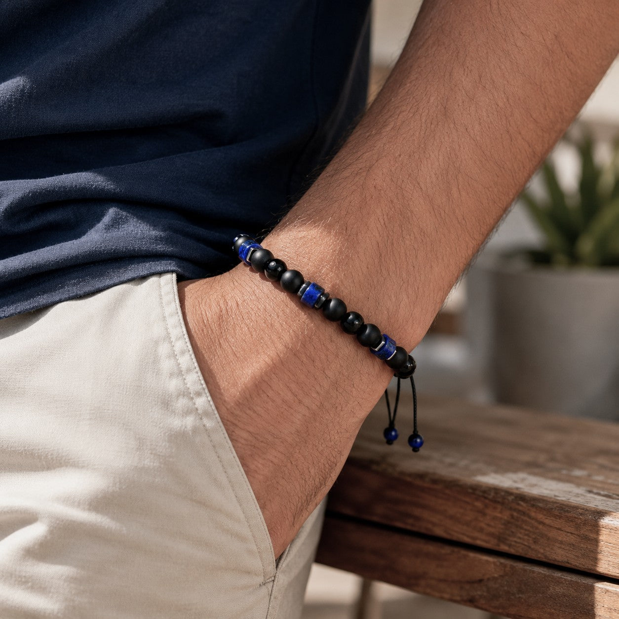Lapis Lazuli & Matte Black Onyx Bracelet - close-up