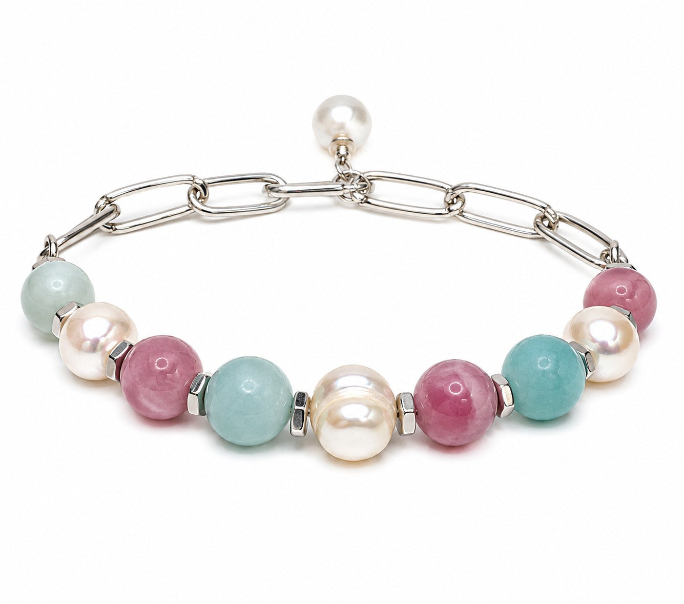 Pearl, Rose Quartz & Amazonite Bracelet – Adjustable Gemstone Chain Bracelet