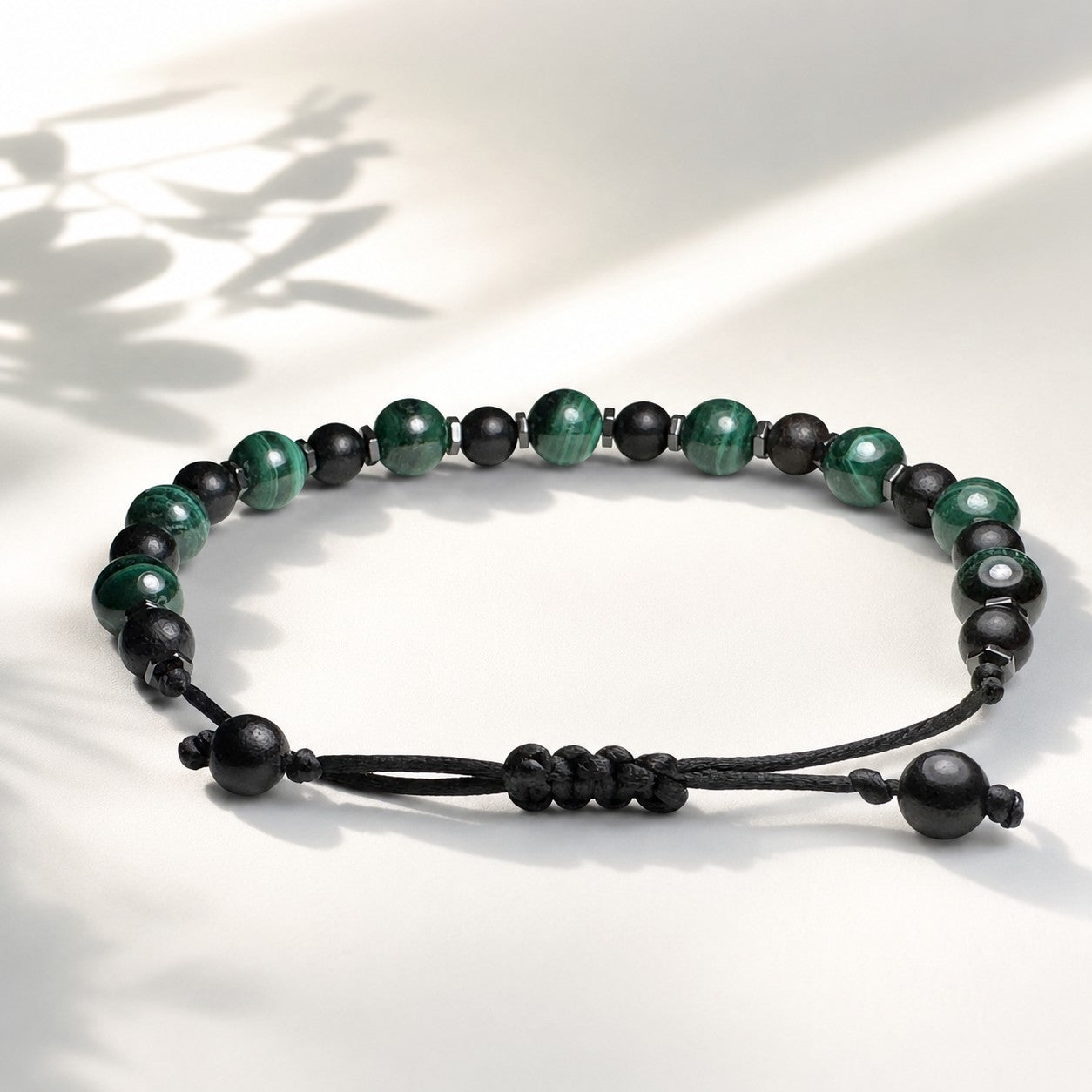Natural Malachite Black Tourmaline Bracelet, Personalized Initial Bracelet for Men Women, Waterproof Adjustable Gemstone Bracelet, Protection Gift
