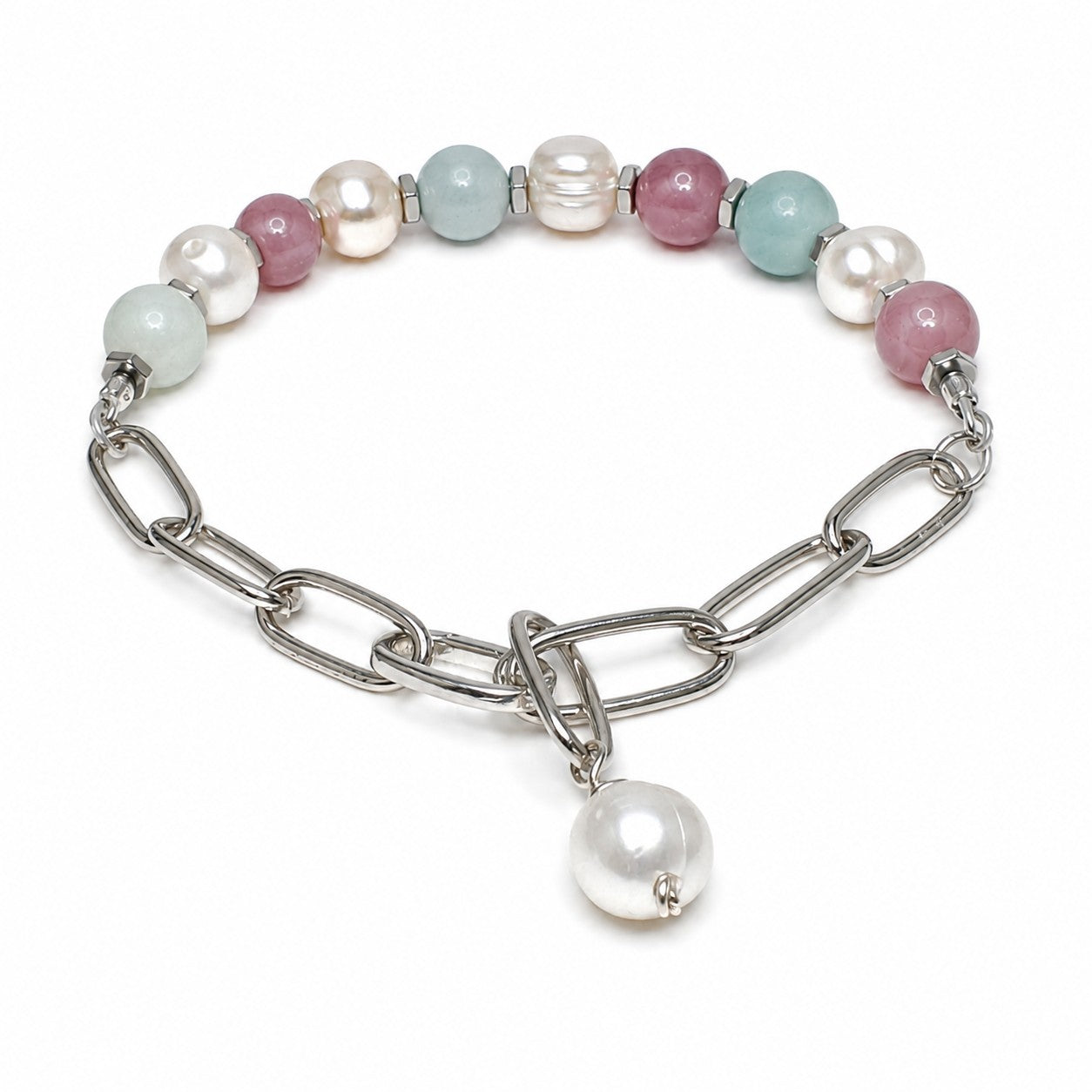 Pearl, Rose Quartz & Amazonite Bracelet – Adjustable Gemstone Chain Bracelet