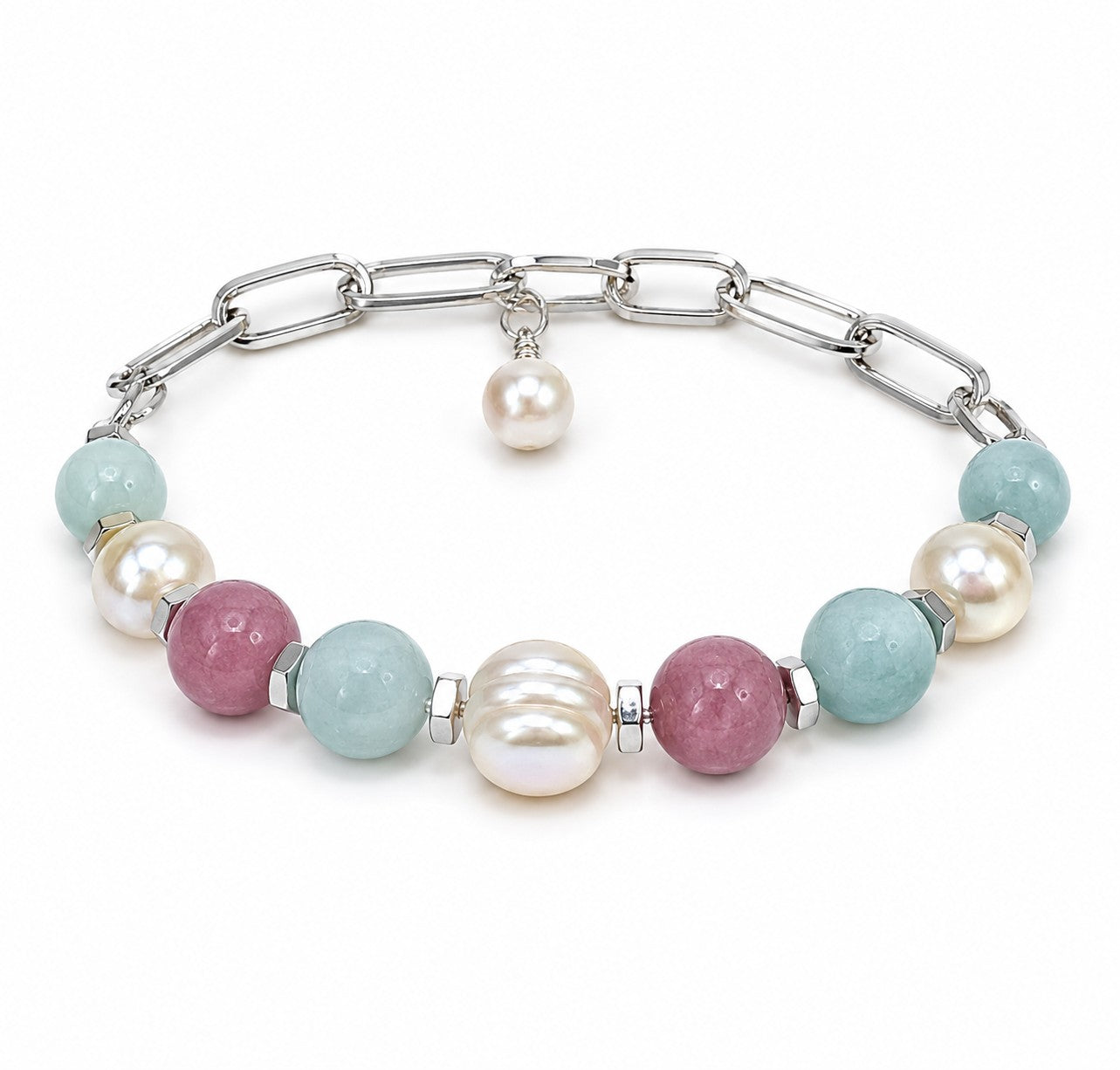 Pearl, Rose Quartz & Amazonite Bracelet – Adjustable Gemstone Chain Bracelet