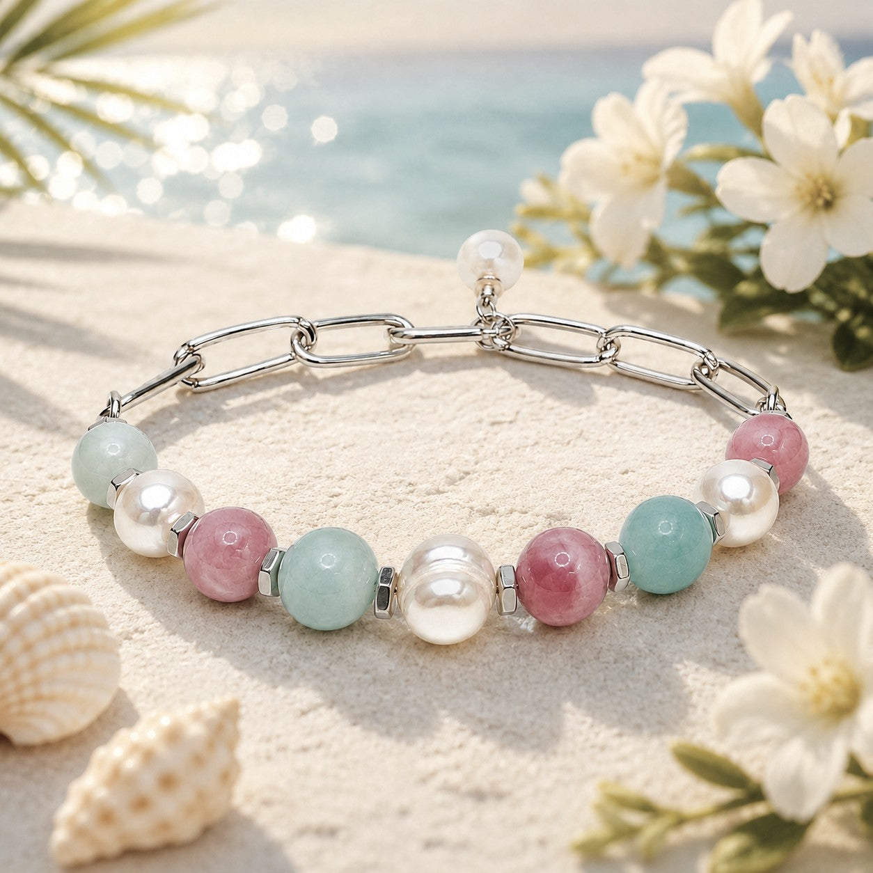 Half-and-half gemstone bracelet featuring natural rose quartz, amazonite, freshwater pearls, and hematite spacer beads. This elegant bracelet combines soft pink rose quartz beads with calming aqua amazonite beads, accented by lustrous white pearls and polished silver-tone hematite spacers. The asymmetrical design creates a balanced, modern look, while the stainless steel paperclip chain and pearl toggle clasp add a contemporary touch. Handmade bracelet ideal for weddings, bridesmaids,  birthday