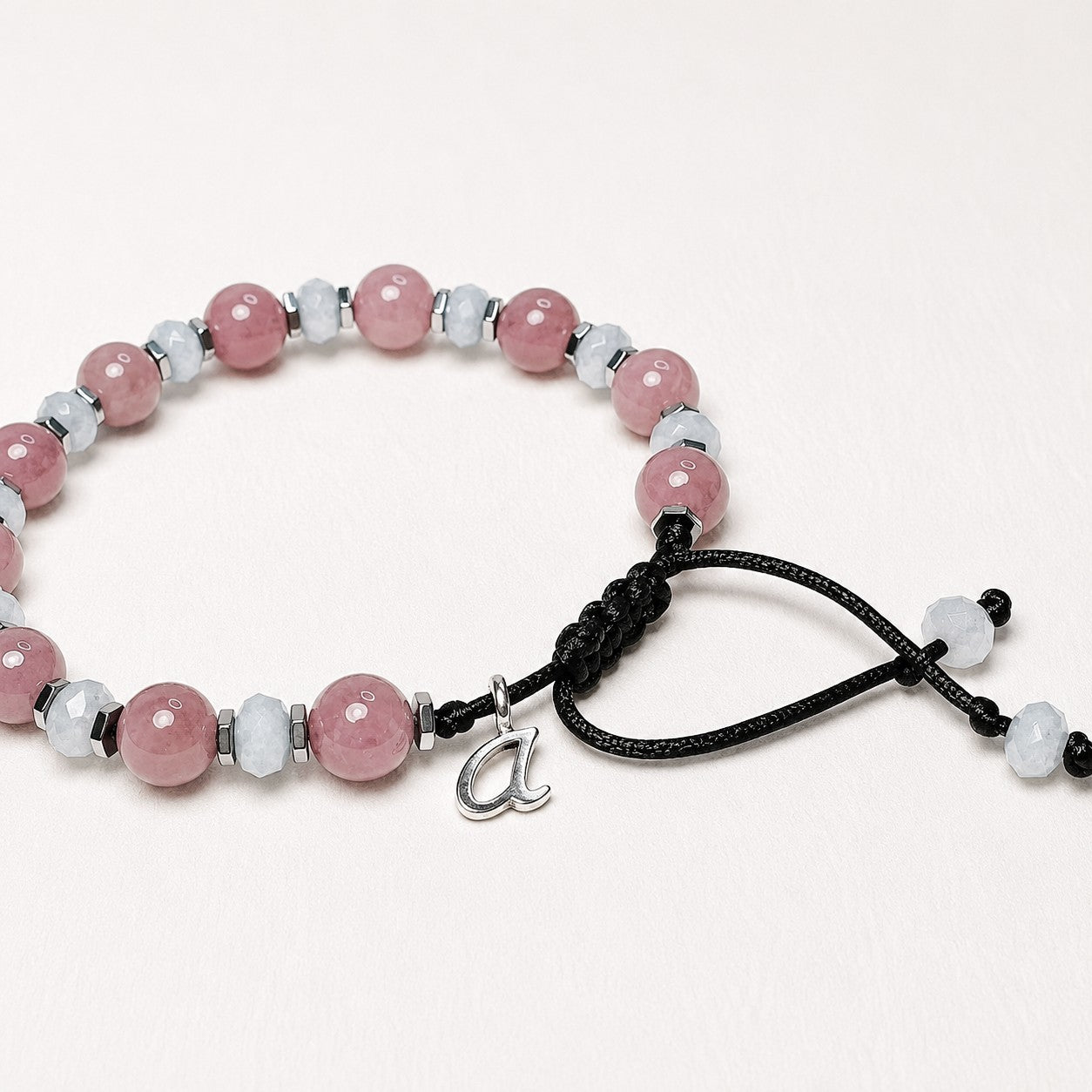 Rose Quartz Aquamarine Bracelet, Personalized Initial Bracelet for Women, Waterproof Adjustable Gemstone Bracelet, Gift for Her