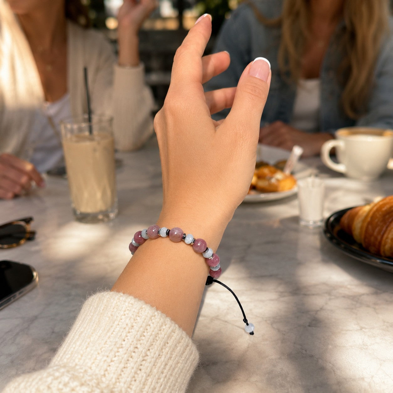 Rose Quartz Aquamarine Bracelet, Personalized Initial Bracelet for Women, Waterproof Adjustable Gemstone Bracelet, Gift for Her