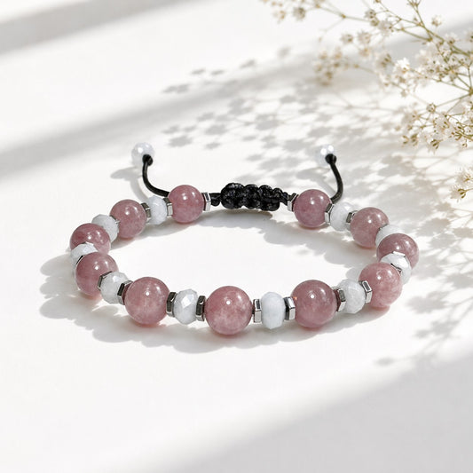 Handmade Rose Quartz and Aquamarine gemstone bracelet for women featuring genuine natural Rose Quartz beads, faceted Aquamarine gemstones, and polished Hematite accents on a durable waterproof adjustable cord. Personalized with an optional initial charm for a custom touch. Elegant minimalist crystal bracelet for everyday wear, bridesmaids, birthdays, anniversaries, Mother's Day, Valentine's Day, weddings, friendship gifts, self-care, and meaningful jewelry for her.