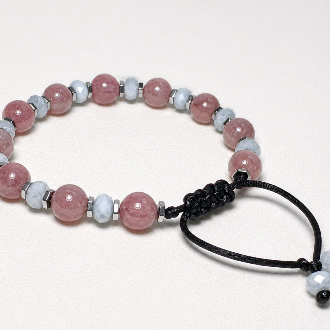 Rose Quartz Aquamarine Bracelet, Personalized Initial Bracelet for Women, Waterproof Adjustable Gemstone Bracelet, Gift for Her