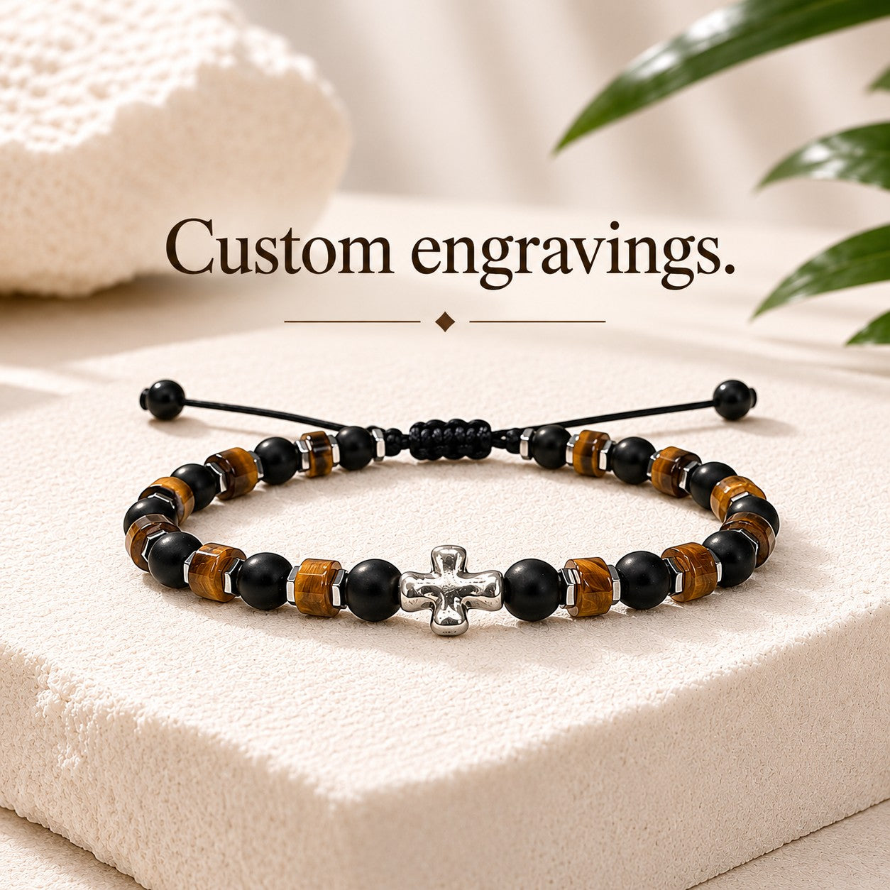 Christian Onyx and Tiger’s Eye Bracelet with Silver Cross, Adjustable Waterproof Faith Jewelry for Men and Women