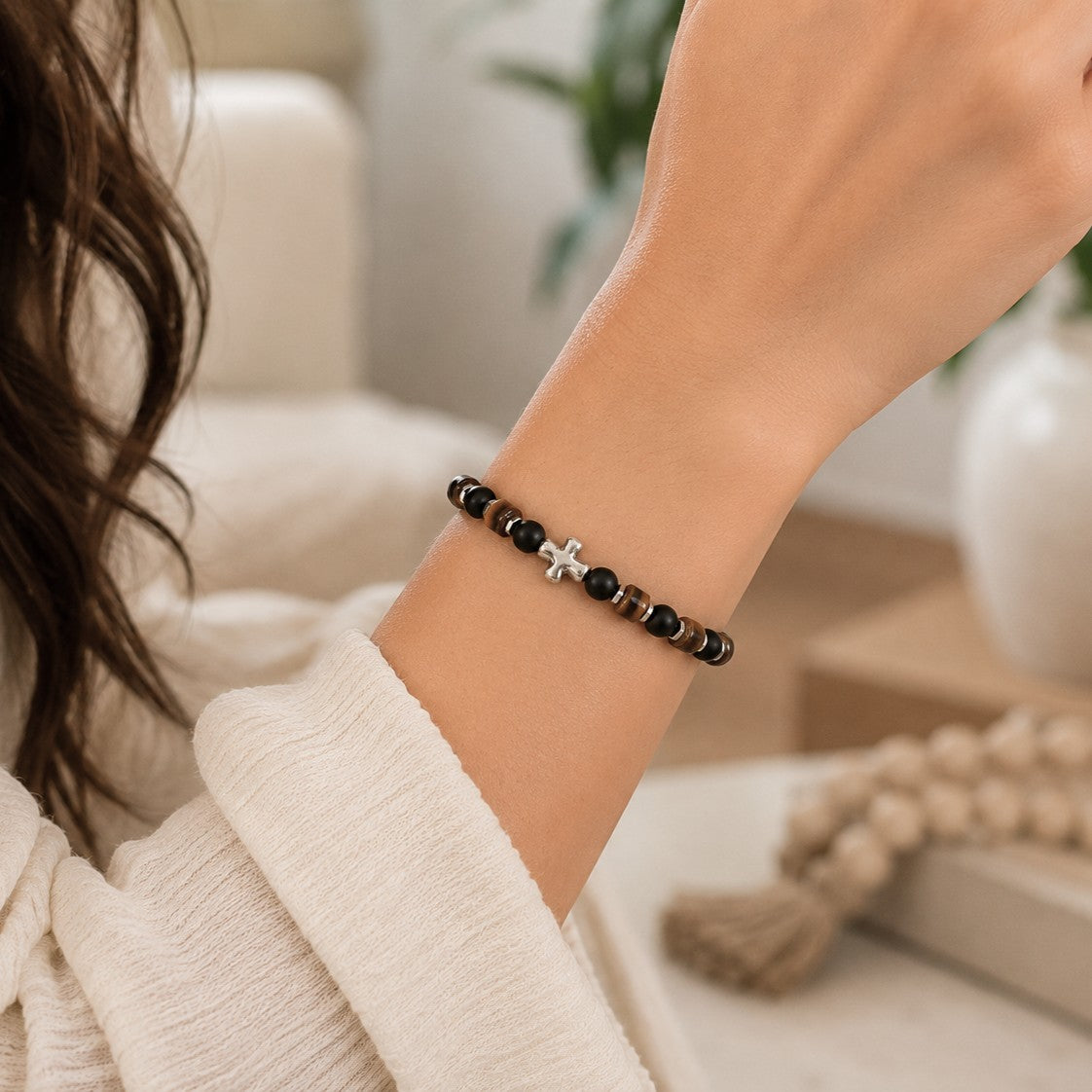 Christian Onyx and Tiger’s Eye Bracelet with Silver Cross, Adjustable Waterproof Faith Jewelry for Men and Women
