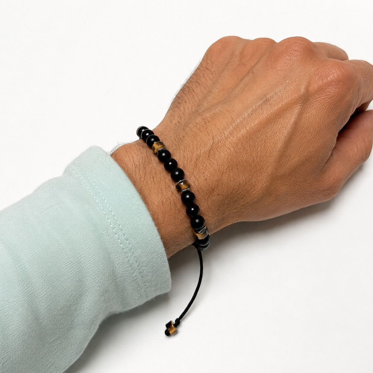 Tiger Eye & Tourmaline Protection Bracelet, Adjustable Waterproof Gemstone Gift for Him or Her - on model