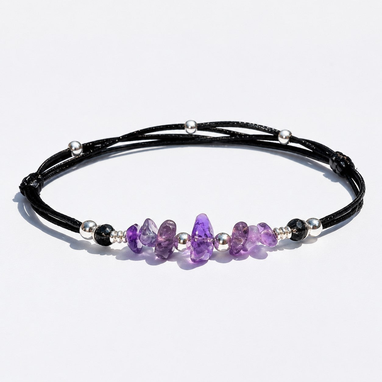Amethyst Bracelet with Initial Charm, Adjustable Waterproof Gemstone Gift for Her, Silver Be... - on model