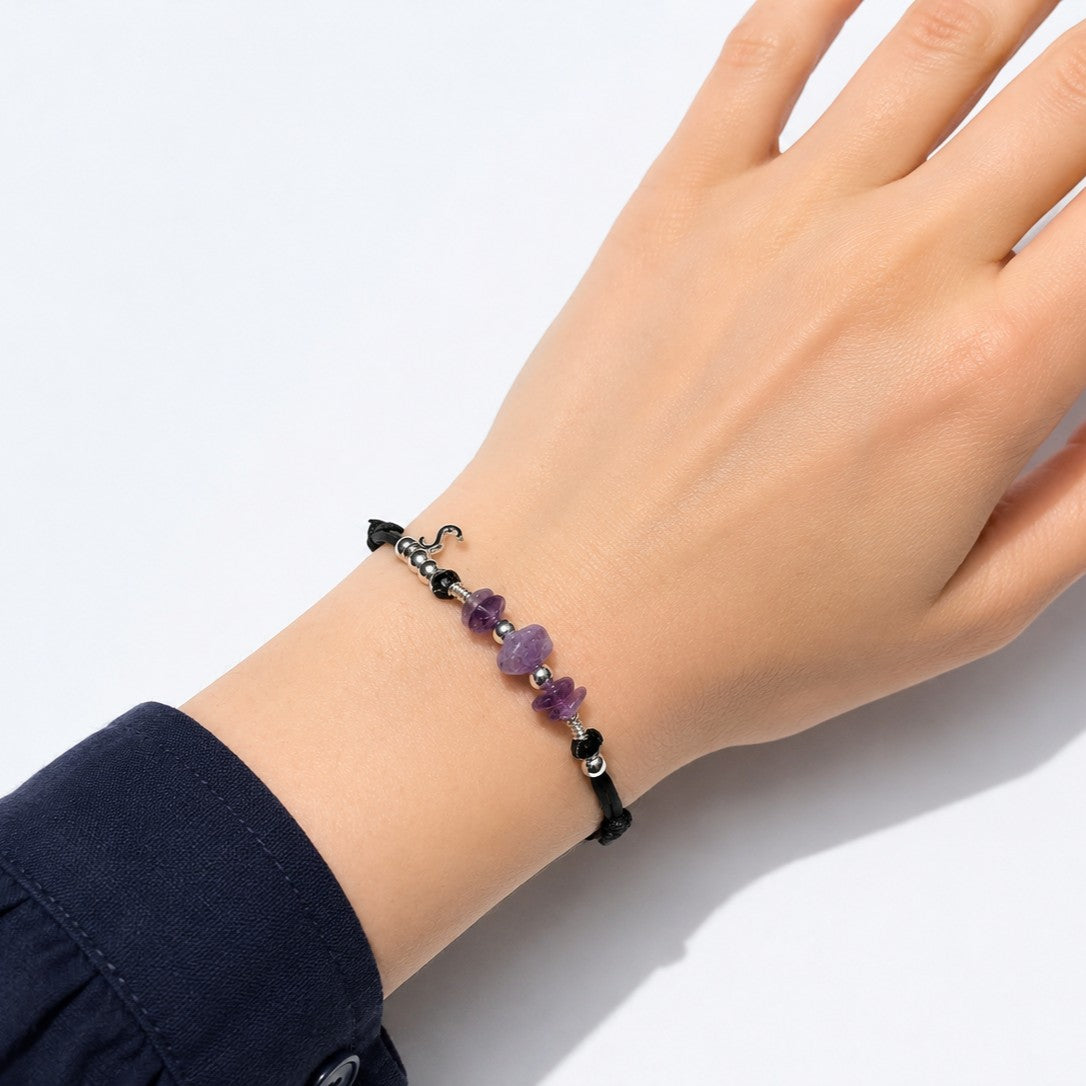 Amethyst Bracelet with Initial Charm, Adjustable Waterproof Gemstone Gift for Her, Silver Be... - close-up