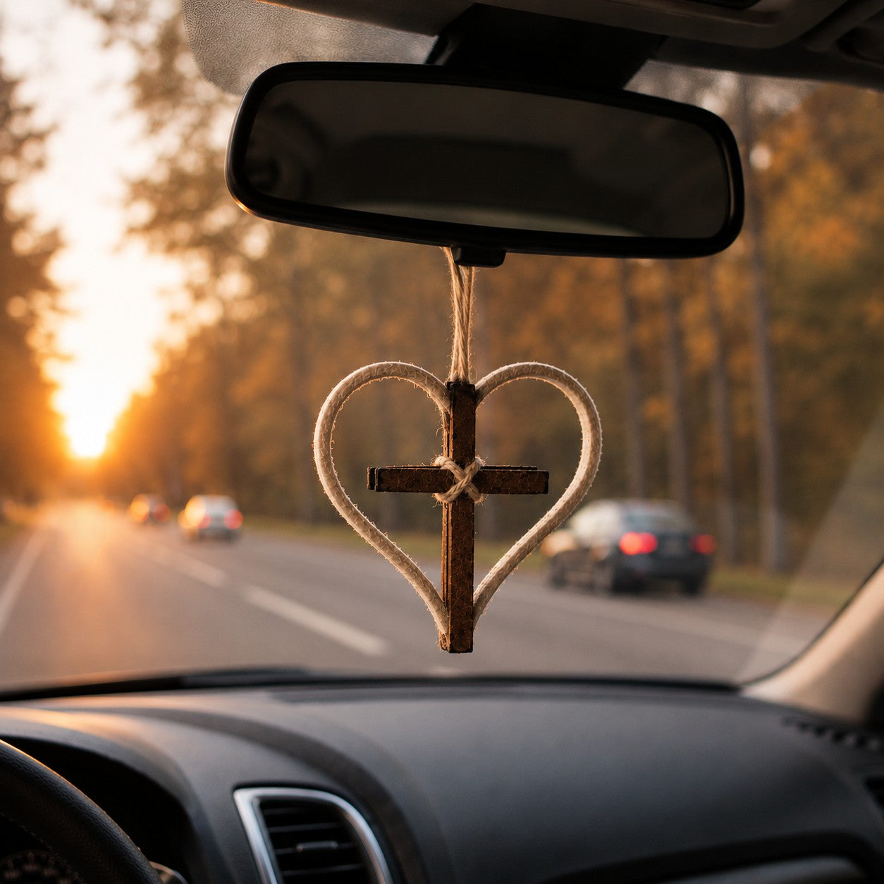 Personalized Leather Heart & Cross Ornament: Religious Car Charm