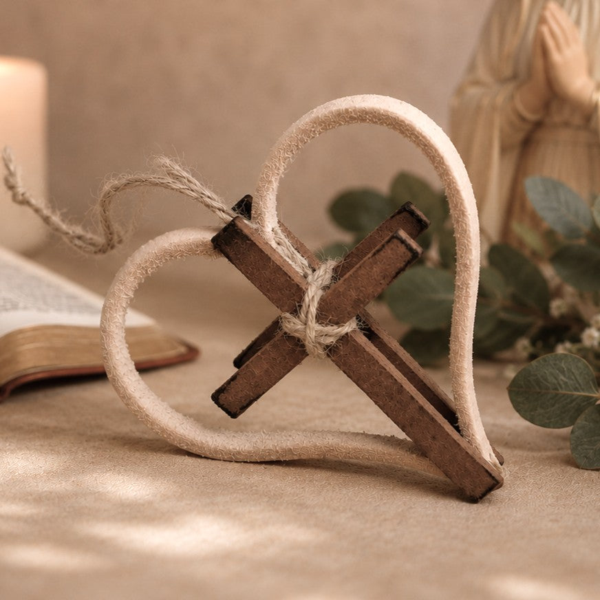 Personalized Leather Heart & Cross Ornament: Religious Car Charm