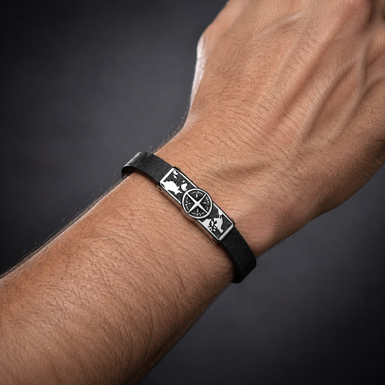 Leather Compass Bracelet for Men, Personalized with Hidden Initials, Travel Gift