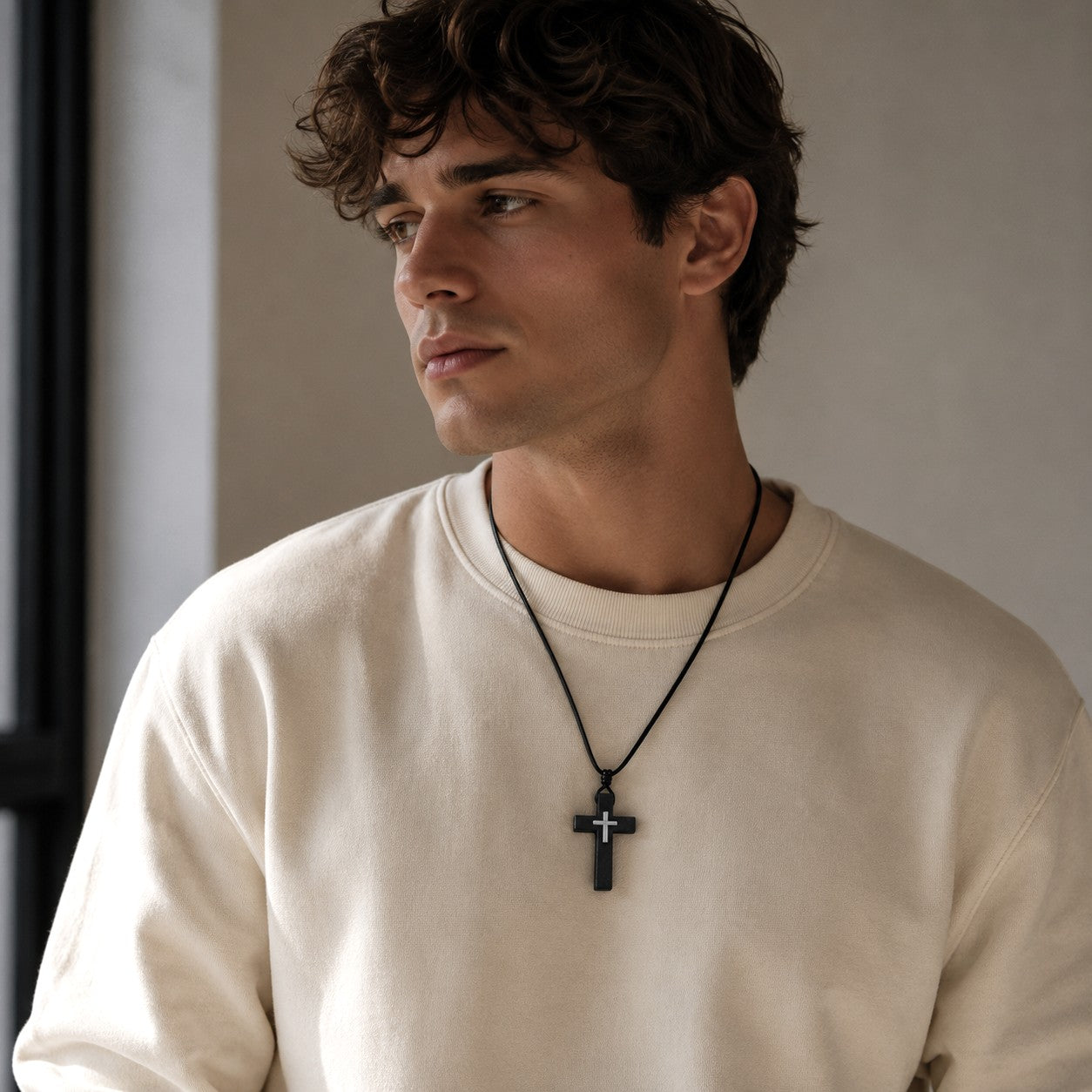 Black Wood Cross Necklace: Adjustable Leather Cord Christian Pendant