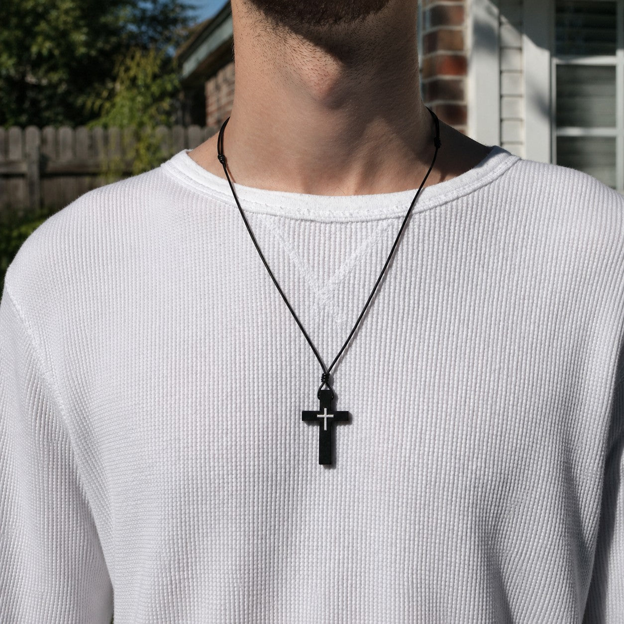 Black Wood Cross Necklace: Adjustable Leather Cord Christian Pendant