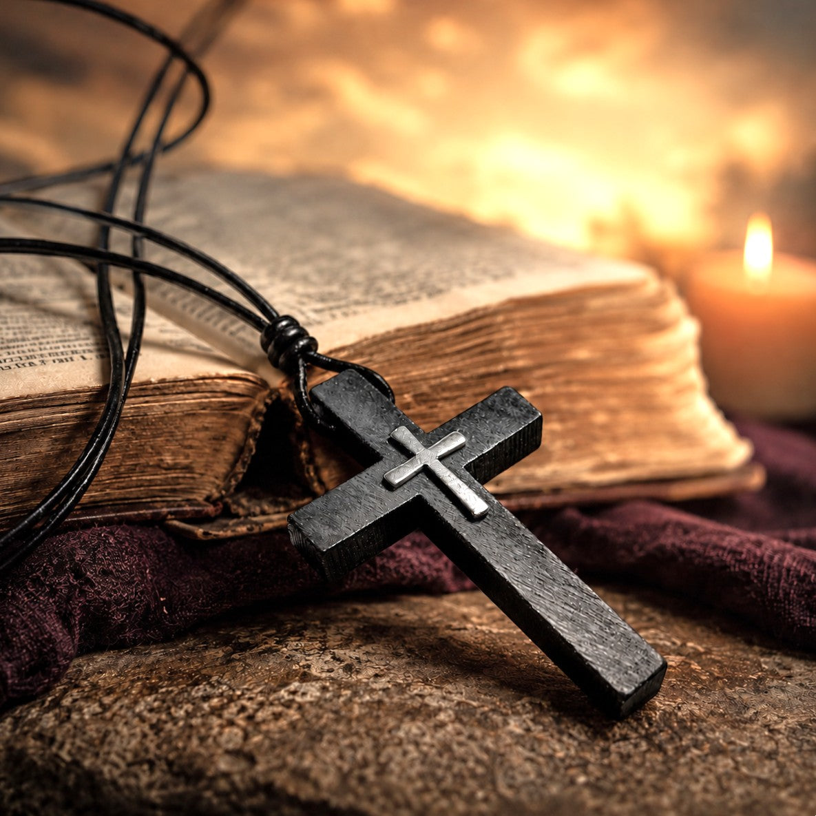 Black cross necklace for men featuring a layered silver cross accent on a matte black wooden-style cross pendant. Worn on a black cord necklace over an ivory long-sleeve sweatshirt. Christian faith jewelry for men, minimalist religious necklace, casual everyday Christian accessory, gift for husband, boyfriend, son, or dad.