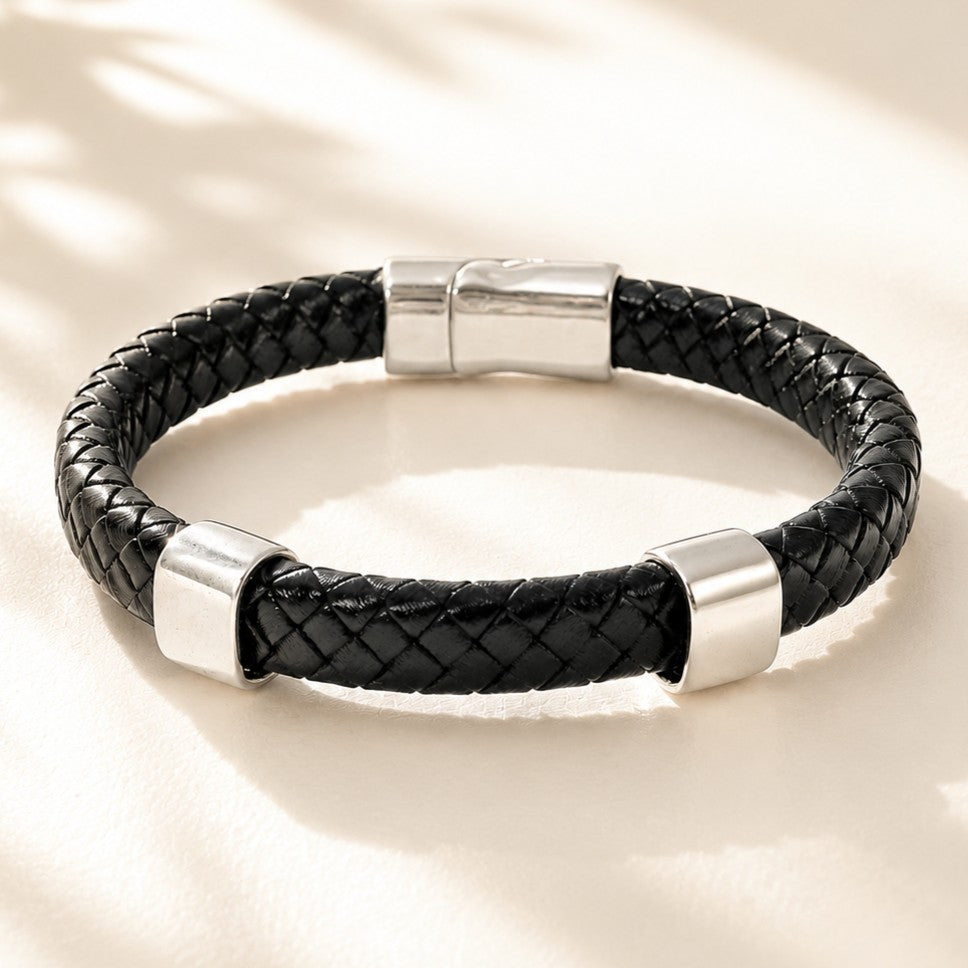 Personalized Leather Bracelet with Hidden Engraved Initials, Braided Leather Magnetic Clasp Bracelet