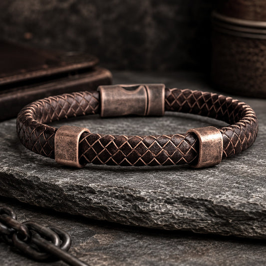 Luxury men's braided brown leather bracelet with antique copper magnetic clasp and copper accent rings displayed on a rugged dark stone surface. This handcrafted masculine leather bracelet features premium woven genuine leather, a secure magnetic closure, and a timeless rustic design. Styled with an industrial-inspired background of textured slate and metal accents, it is perfect as a gift for him, Father's Day, anniversary, birthday, Valentine's Day, Christmas, or everyday wear. 