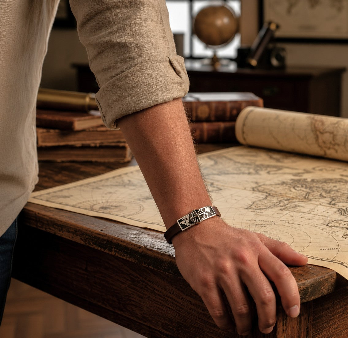 Leather Compass Bracelet: Magnetic Clasp, Stainless Steel Charm, Personalized 3rd Anniversary or Travel Gift