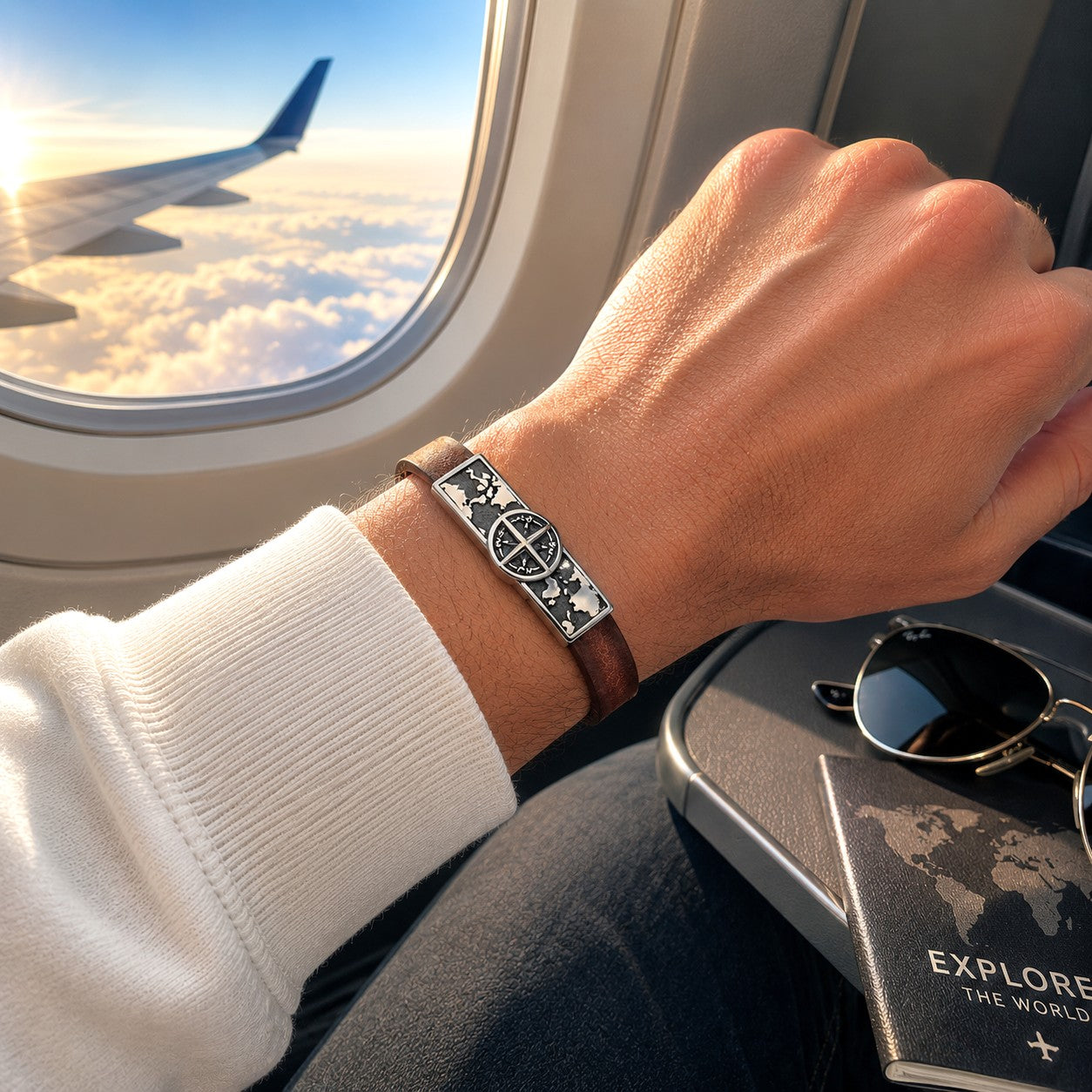 Brown leather travel bracelet with a stainless steel compass and world map centerpiece, secured with a magnetic clasp. This handmade unisex bracelet symbolizes adventure, exploration, and wanderlust, making it a meaningful gift for travelers, hikers, sailors, pilots, and world explorers. Crafted from genuine leather and polished stainless steel, it is comfortable, durable, and perfect for everyday wear. Ideal as a travel, graduation, birthday, anniversary, Father's Day gift, Christmas or inspirational gift.