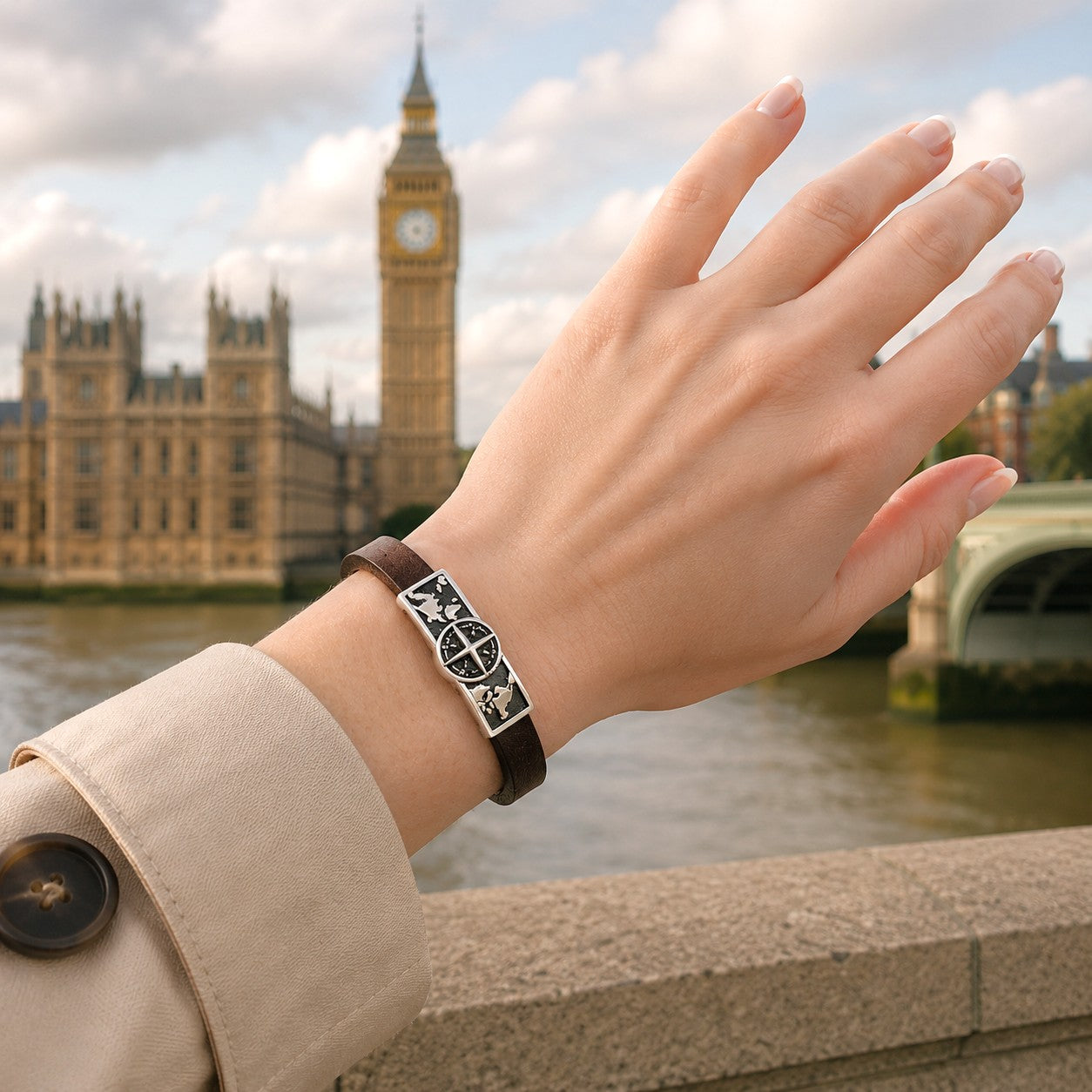 Woman wearing a brown leather travel bracelet featuring a stainless steel compass rose and world map centerpiece while standing along the River Thames in London with Big Ben and the Houses of Parliament in the background. This handmade unisex bracelet combines genuine brown leather with polished stainless steel and a secure magnetic clasp, creating a stylish travel-inspired accessory for everyday wear. The compass design symbolizes adventure, exploration, wanderlust, and discovering new destinations. 