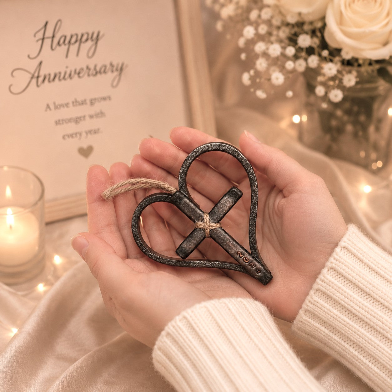 Personalized Leather Heart & Cross Ornament: Religious Car Charm