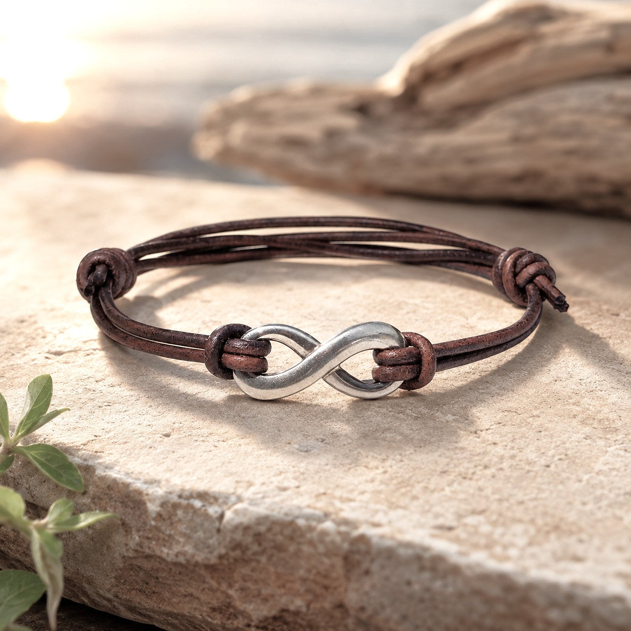 Distressed brown leather infinity bracelet with stainless steel infinity symbol, adjustable unisex bracelet handcrafted with genuine leather cord. Minimalist infinity jewelry gift for men and women, symbolizing eternal love, friendship, strength, and connection. Adjustable leather bracelet for everyday wear.