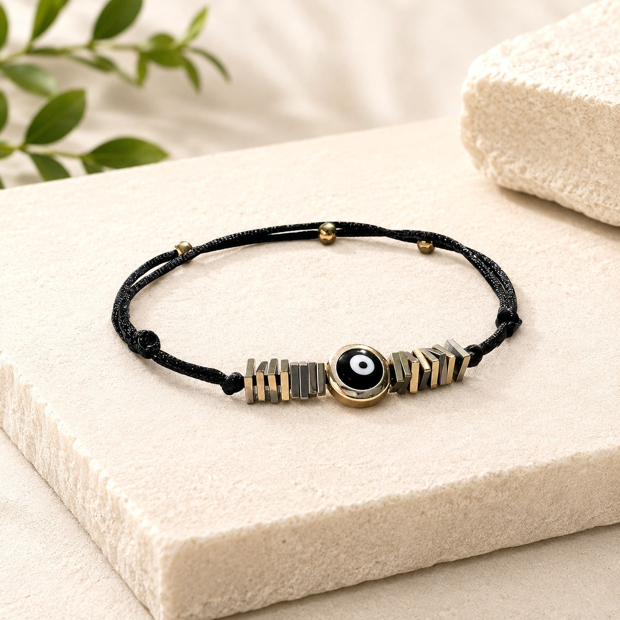 Gold-Filled Evil Eye Bracelet, Adjustable Waterproof Bracelet, Gold Hematite Beads, Protecti...