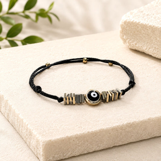 Gold-Filled Evil Eye Bracelet, Adjustable Waterproof Bracelet, Gold Hematite Beads, Protecti...