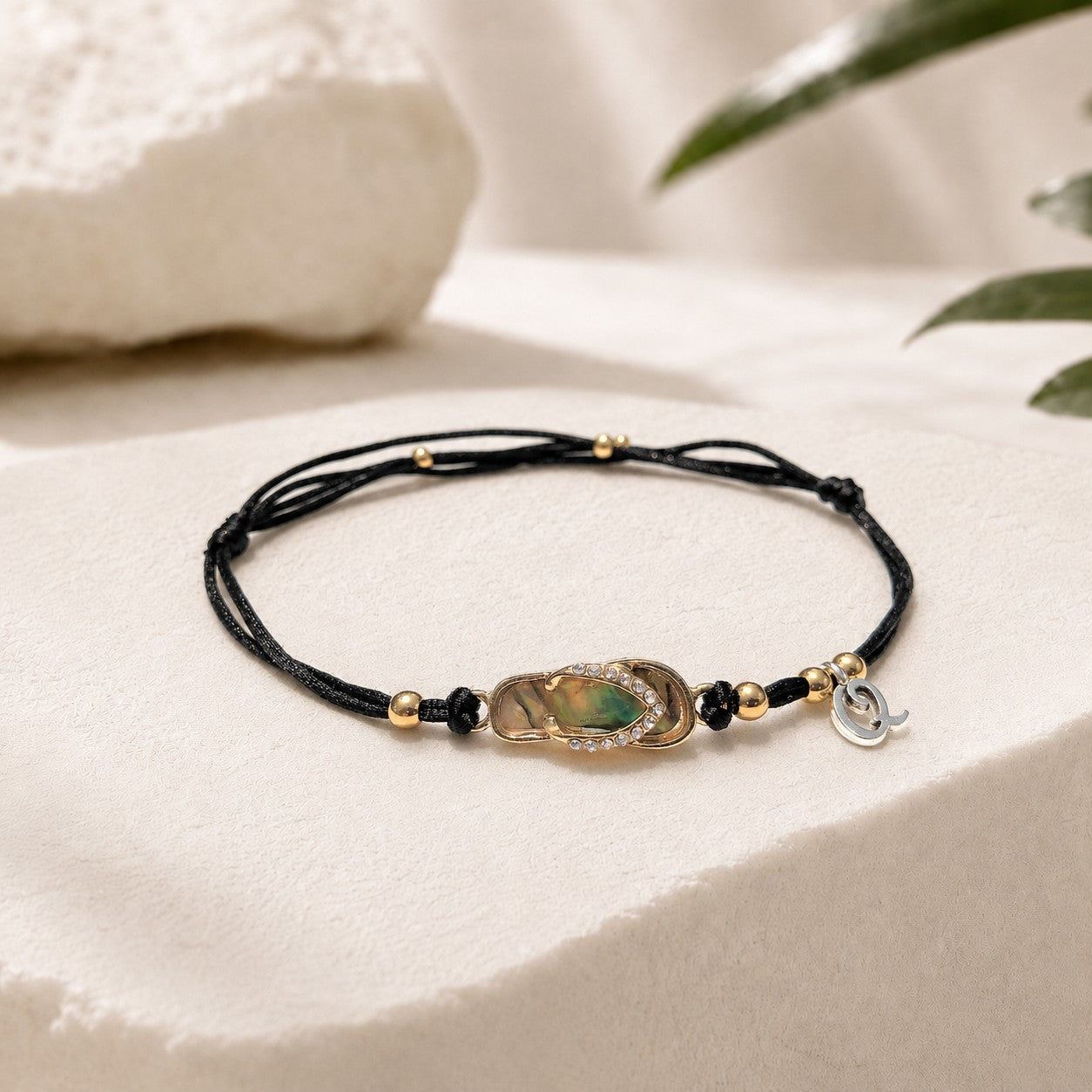 Flip Flop Initial Anklet: Gold Plated Charm, Waterproof Silk Cord