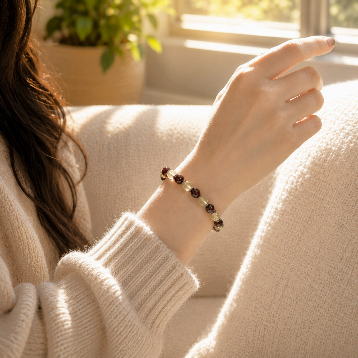 Citrine & Garnet Gemstone Bracelet: Hematite Accent, Custom Stretch Jewelry - close-up